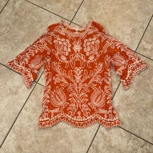 Solitaire Embroidered Vintage OG Dark Orange White Tunic Blouse Shirt